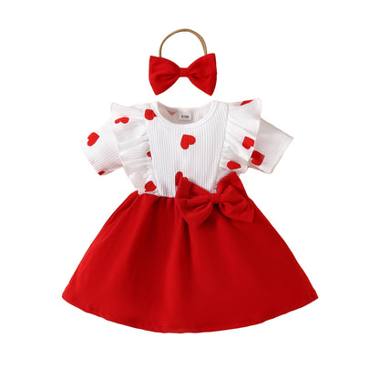 Baby Short sleeve dress for toddler girl heart bow skirt spring and autumn sweet skirt