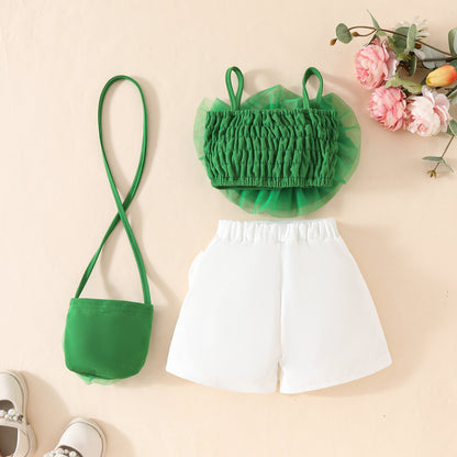 Baby Girls Mesh Flower Short Suspender Top + Fake Split Shorts Skirt + Small Bag Summer Set