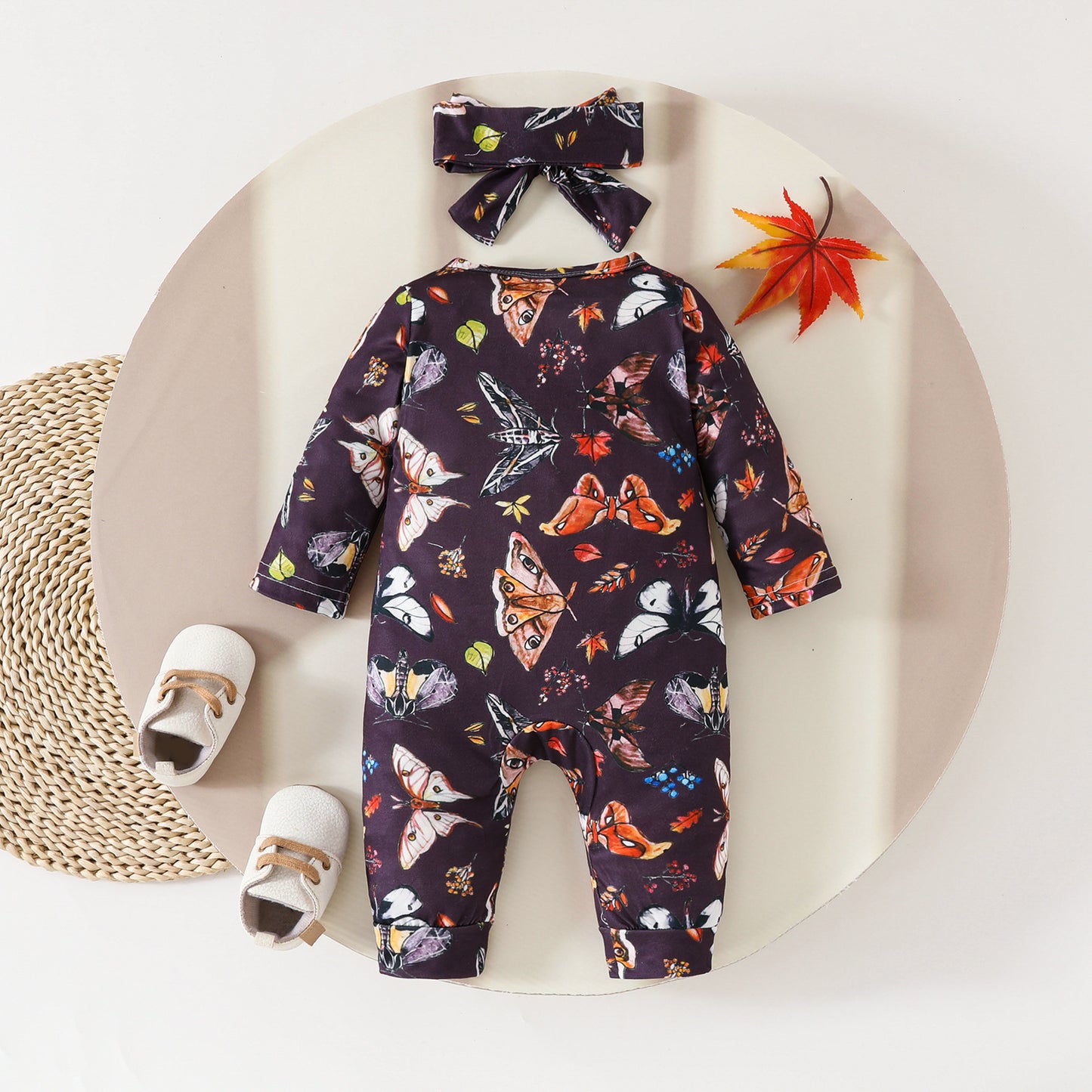 New baby zipper onesie full print long sleeve long leg crawler four seasons wear baby girl onesie headband