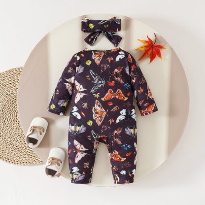 New baby zipper onesie full print long sleeve long leg crawler four seasons wear baby girl onesie headband