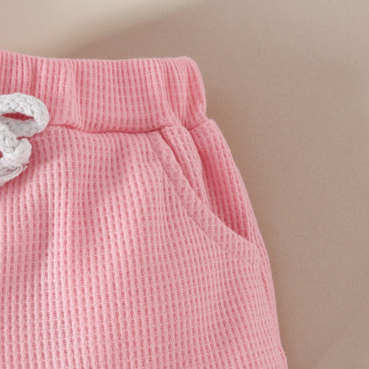 Toddler Girls Summer Waffle Towel Embroidered Flower Short Sleeve Top Pocket Decoration Shorts Two-piece Set