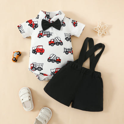 Fashion Short Sleeve Triangle Romper + Bib Shorts Set Baby Boy 0-1 Years Old Cartoon Animal Top Pants