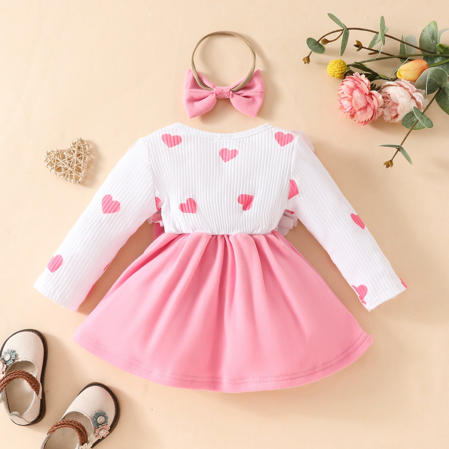 Baby long-sleeved dress for toddler girl long-sleeved heart bow skirt spring and autumn sweet skirt