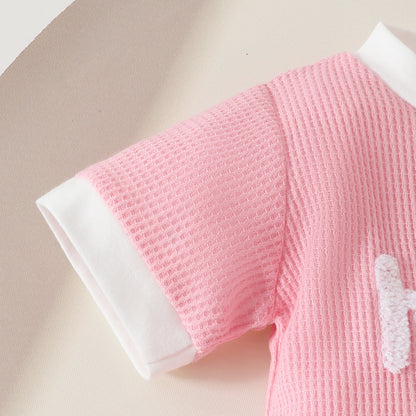 Toddler Girls Summer Waffle Towel Embroidered Flower Short Sleeve Top Pocket Decoration Shorts Two-piece Set