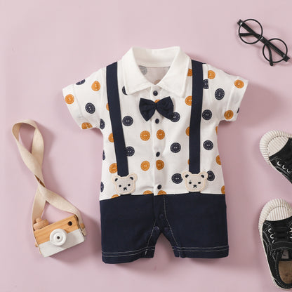 Infant and Toddler Gentleman Bow Tie Boy Bow Tie Lapel Splicing Romper Short Sleeve One-Piece Suit