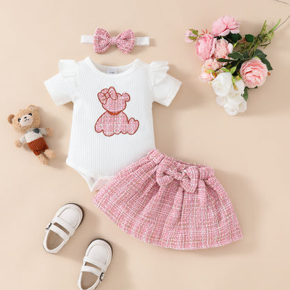 Baby short-sleeved skirt suit for girls with embroidered cute bear romper with gold silk skirt
