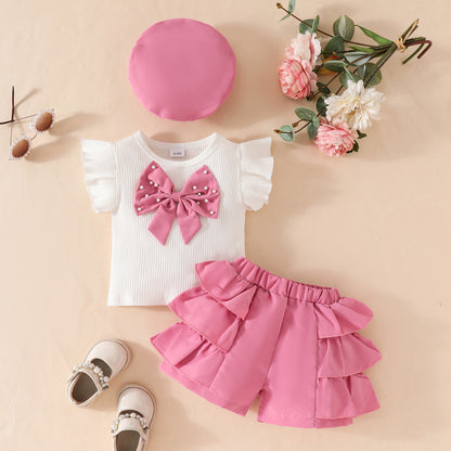 Summer new style baby girl ruffle beaded big bow top multi-layered shorts beret set