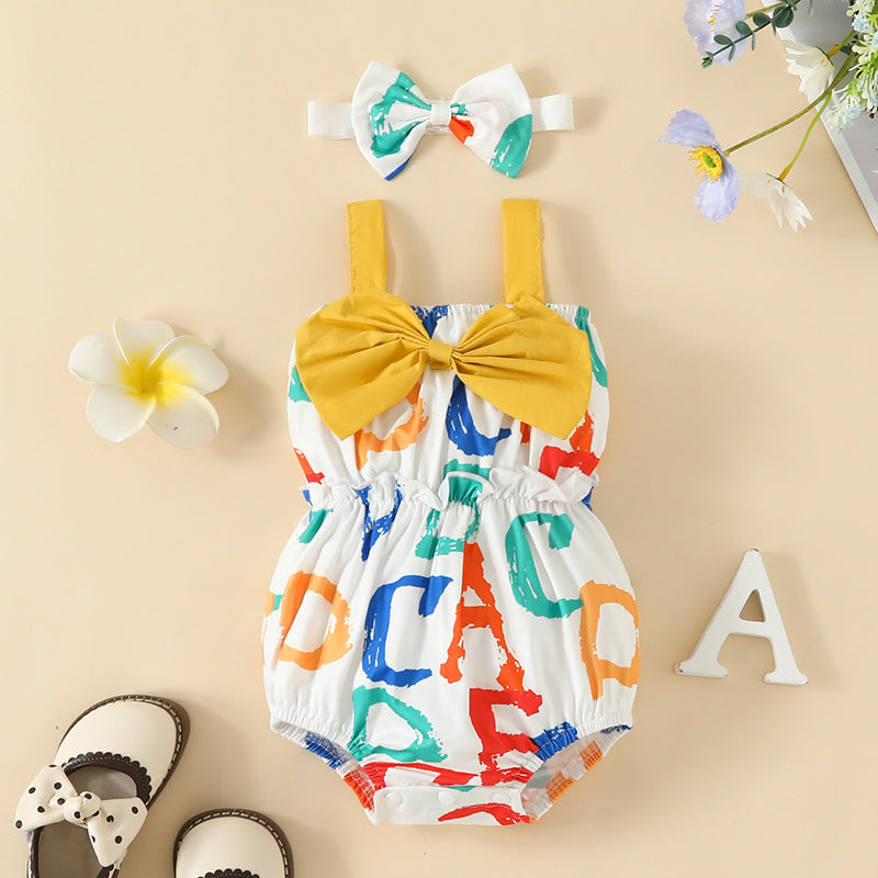 Summer baby big bow double shoulder strap triangle romper casual newborn multi-color letter triangle romper
