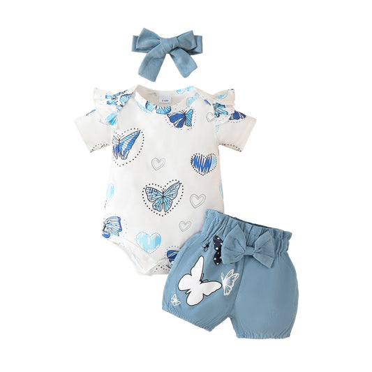 Summer baby girl butterfly heart pattern short-sleeved triangle romper corduroy bow shorts three-piece suit