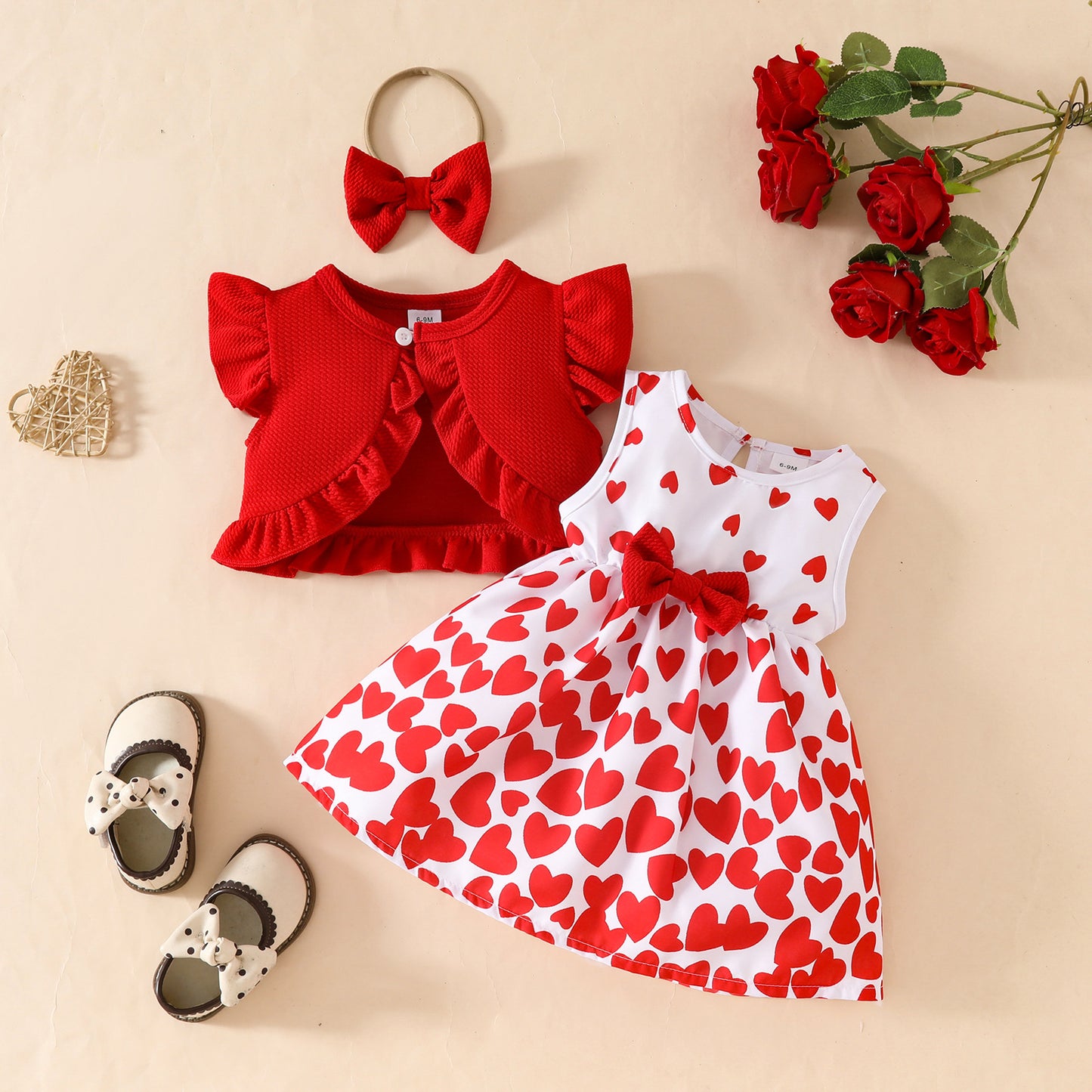 Baby Girl Sleeveless Ruffle Short Jacket Sleeveless Heart Dress Hairband Summer One-piece Dress Set