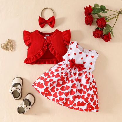 Baby Girl Sleeveless Ruffle Short Jacket Sleeveless Heart Dress Hairband Summer One-piece Dress Set