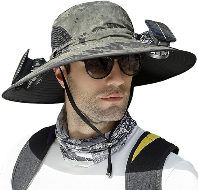 Person wearing a camouflage sun hat with solar panel, sunglasses