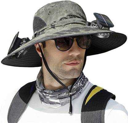 Person wearing a camouflage sun hat with solar panel, sunglasses