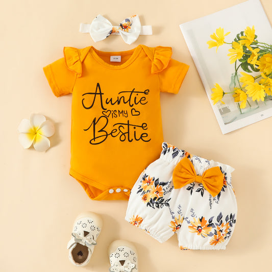 Baby Girl Letter Summer Top Belt Flower Cute Pants Baby Short Sleeve Triangle Romper Shorts Set