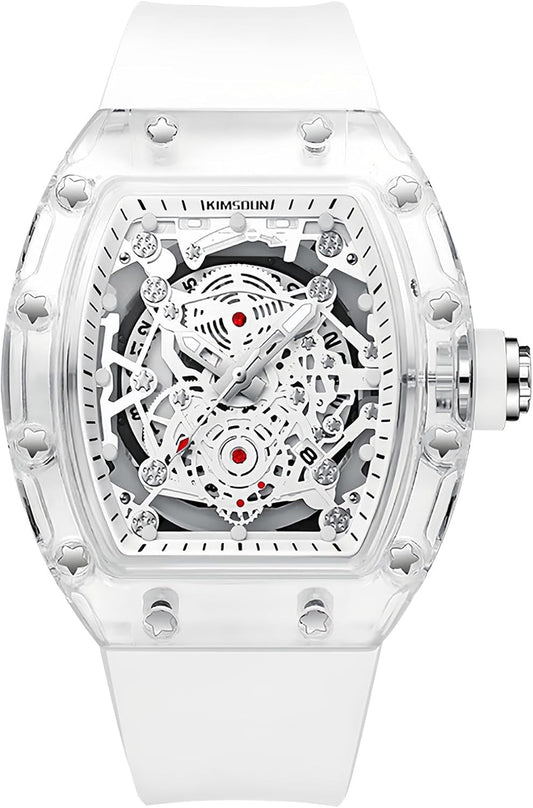 Fashion Hollowed Men Watches Tonneau Transparent Analog Display Silicone Strap Calendar Quartz Waterproof Trend Male Wrist Watch