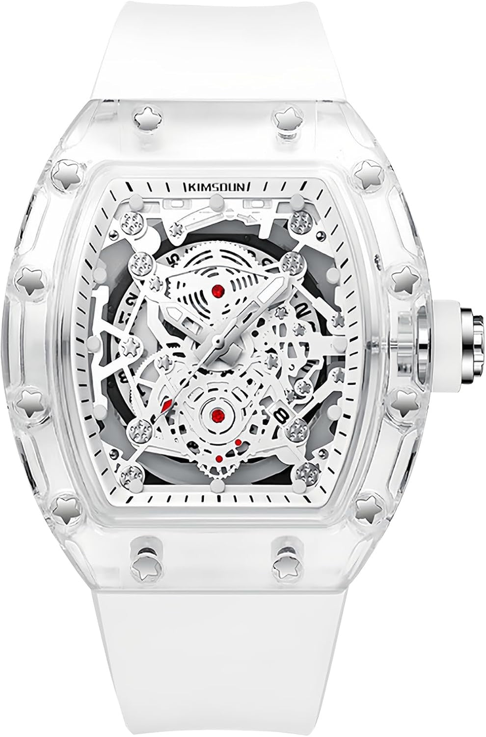 Fashion Hollowed Men Watches Tonneau Transparent Analog Display Silicone Strap Calendar Quartz Waterproof Trend Male Wrist Watch