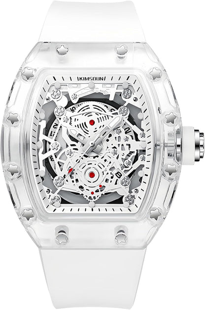 Fashion Hollowed Men Watches Tonneau Transparent Analog Display Silicone Strap Calendar Quartz Waterproof Trend Male Wrist Watch