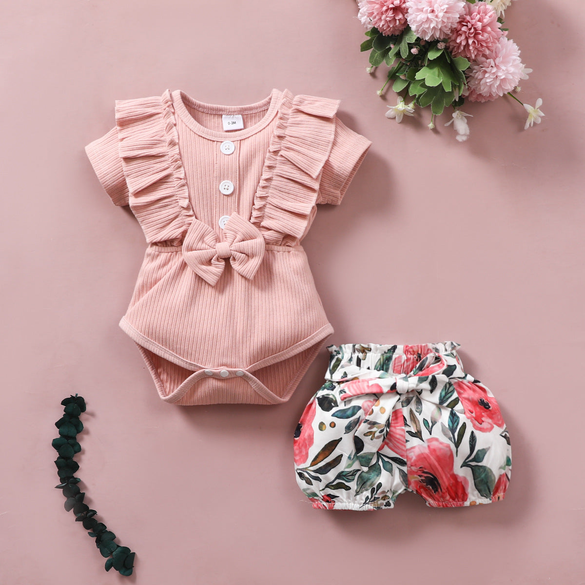 Infant and Toddler Ribbon Bowknot Shorts Set Cotton Short Sleeve Romper Elastic Pants