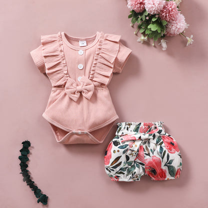 Infant and Toddler Ribbon Bowknot Shorts Set Cotton Short Sleeve Romper Elastic Pants