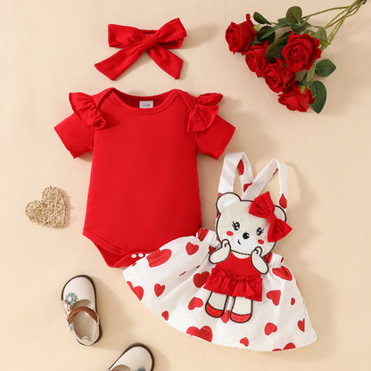 Sweet and cute cartoon bear love baby girl solid color short-sleeved top suspender skirt hairband summer skirt suit