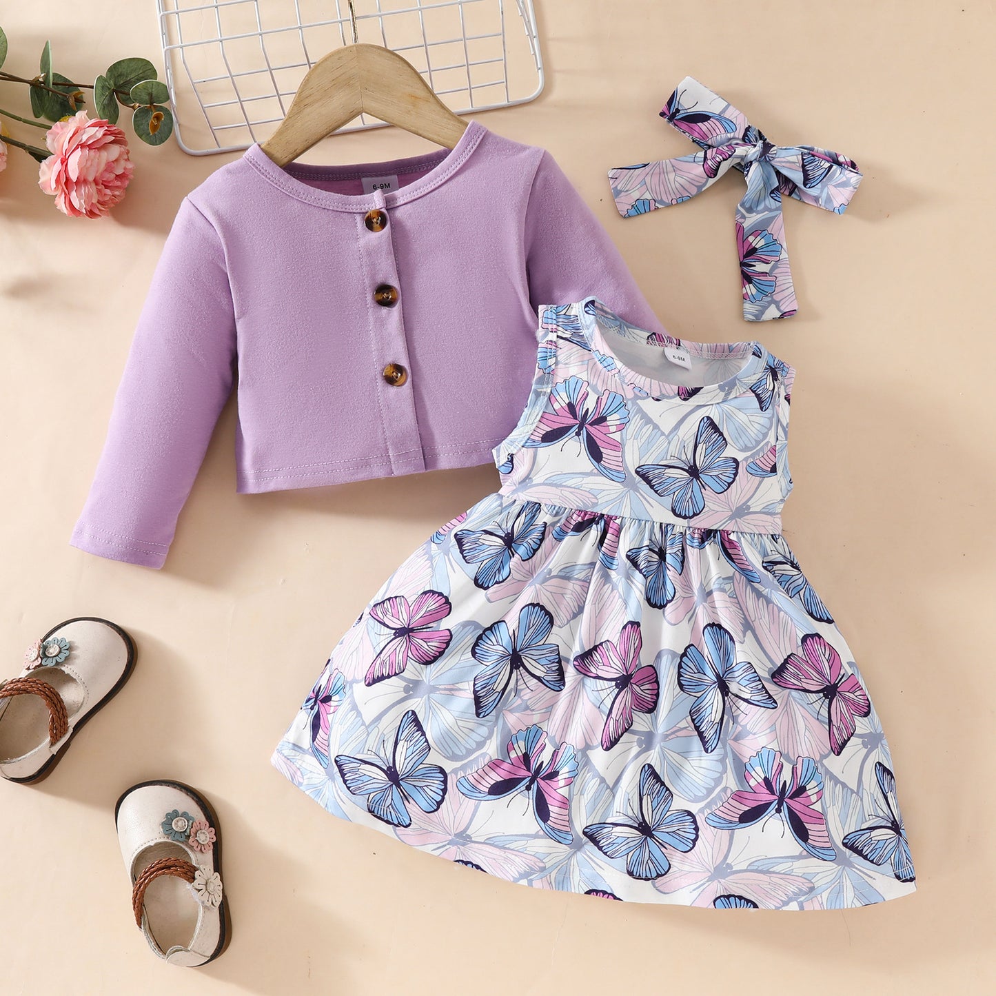Toddler Girl Long Sleeve Jacket Sleeveless Dress Set 0-3 Years Old Floral Butterfly Sleeveless Dress + Jacket Two-piece Set