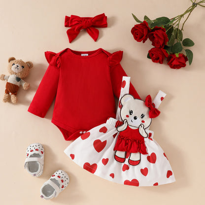 Baby Girls One-piece Dress Set Long Sleeve Red Triangle Romper Bear Doll Overall Dress Hairband