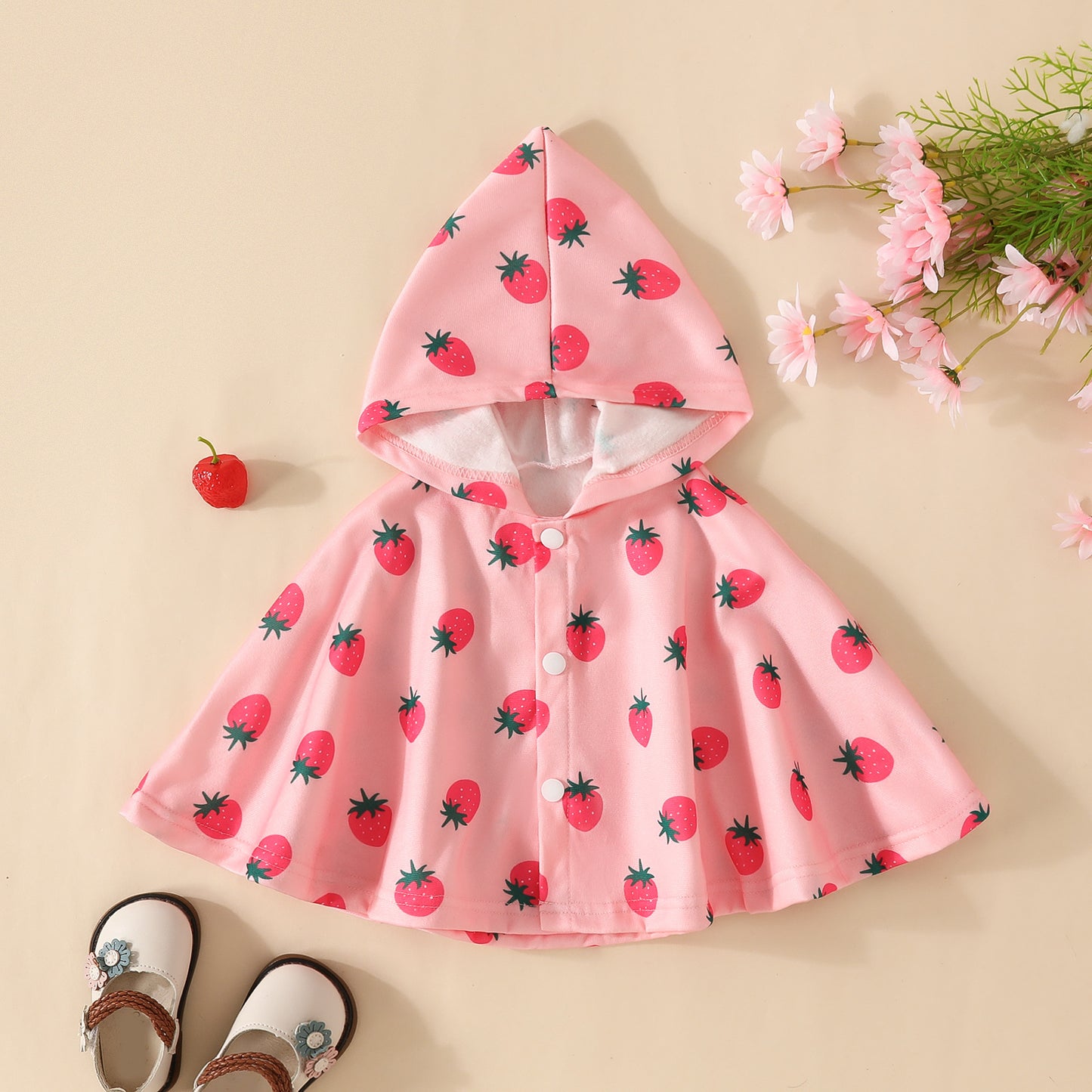 Infant strawberry print cape baby girl cute hooded cape autumn and winter butterfly coat going out shawl