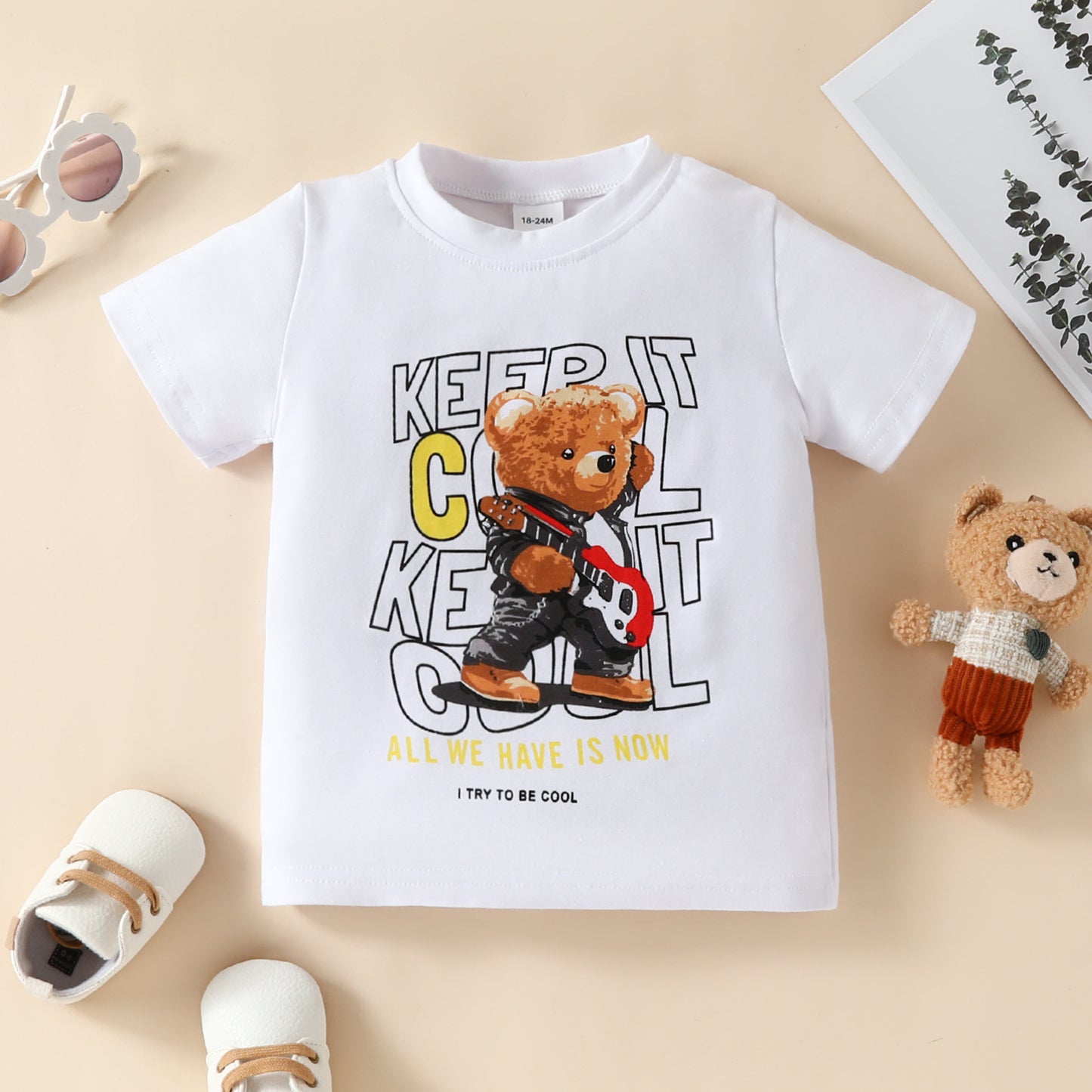 Summer children's short-sleeved T-shirt for boys with letters, cartoon bear and lion, one-piece top, cotton round neck, white short T