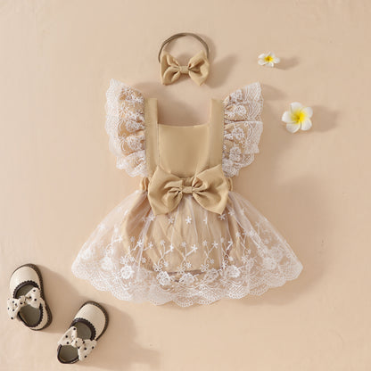 Children's clothing summer sweet girl baby casual jumpsuit baby big bow lace romper skirt
