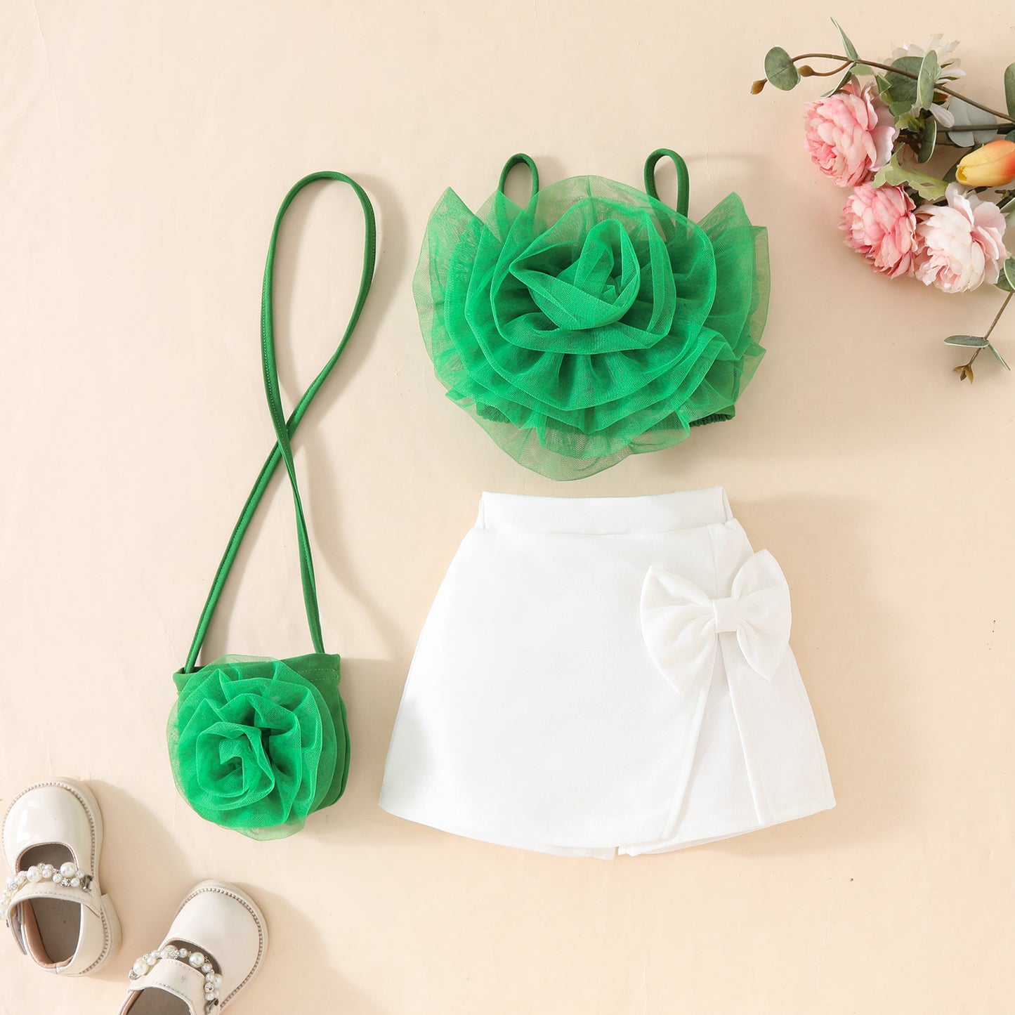 Baby Girls Mesh Flower Short Suspender Top + Fake Split Shorts Skirt + Small Bag Summer Set