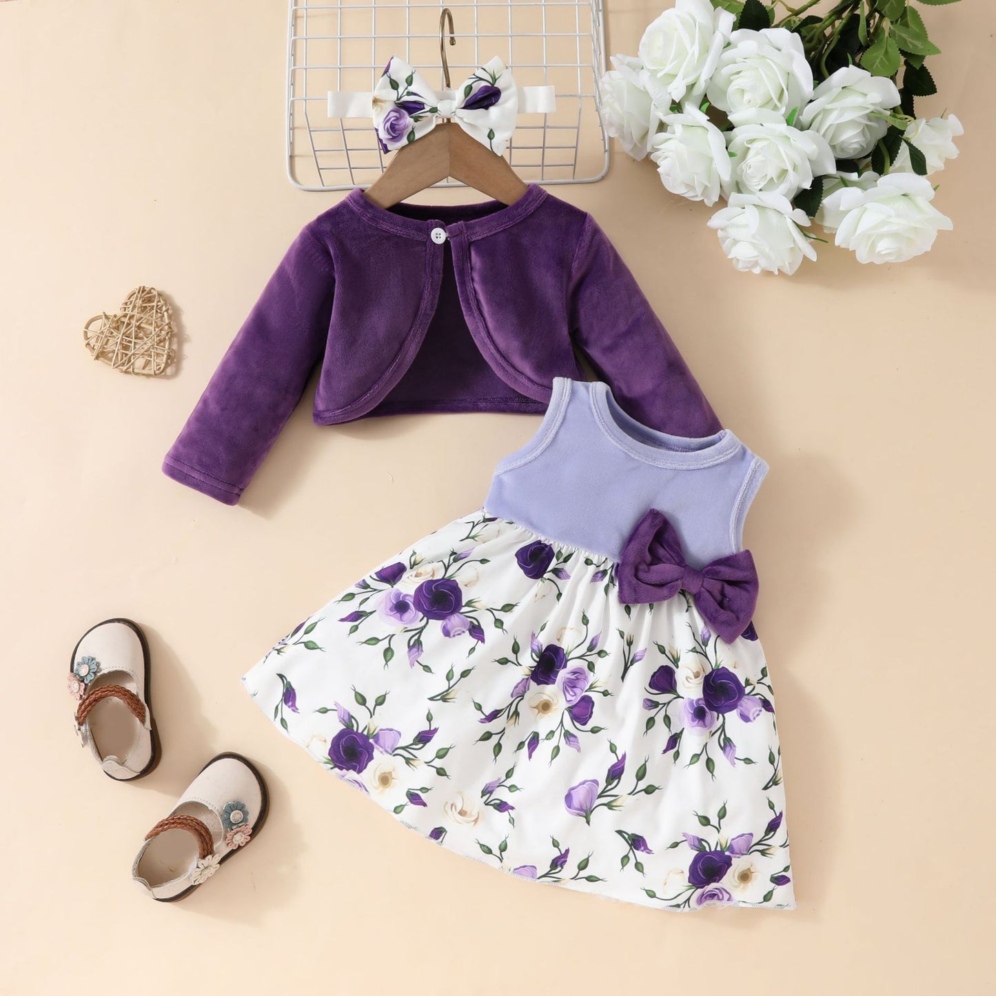Baby Girls Autumn and Winter Long Sleeve Coat + Dress Set 0-3 Years Old Girls Plush Coat Vest Skirt