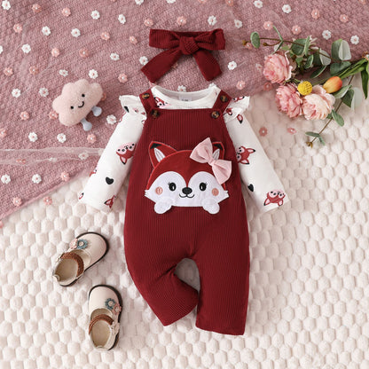 Baby Cute Fox Heart Pattern Long Sleeve Triangle Romper Corduroy Bowknot Bib Pants Set