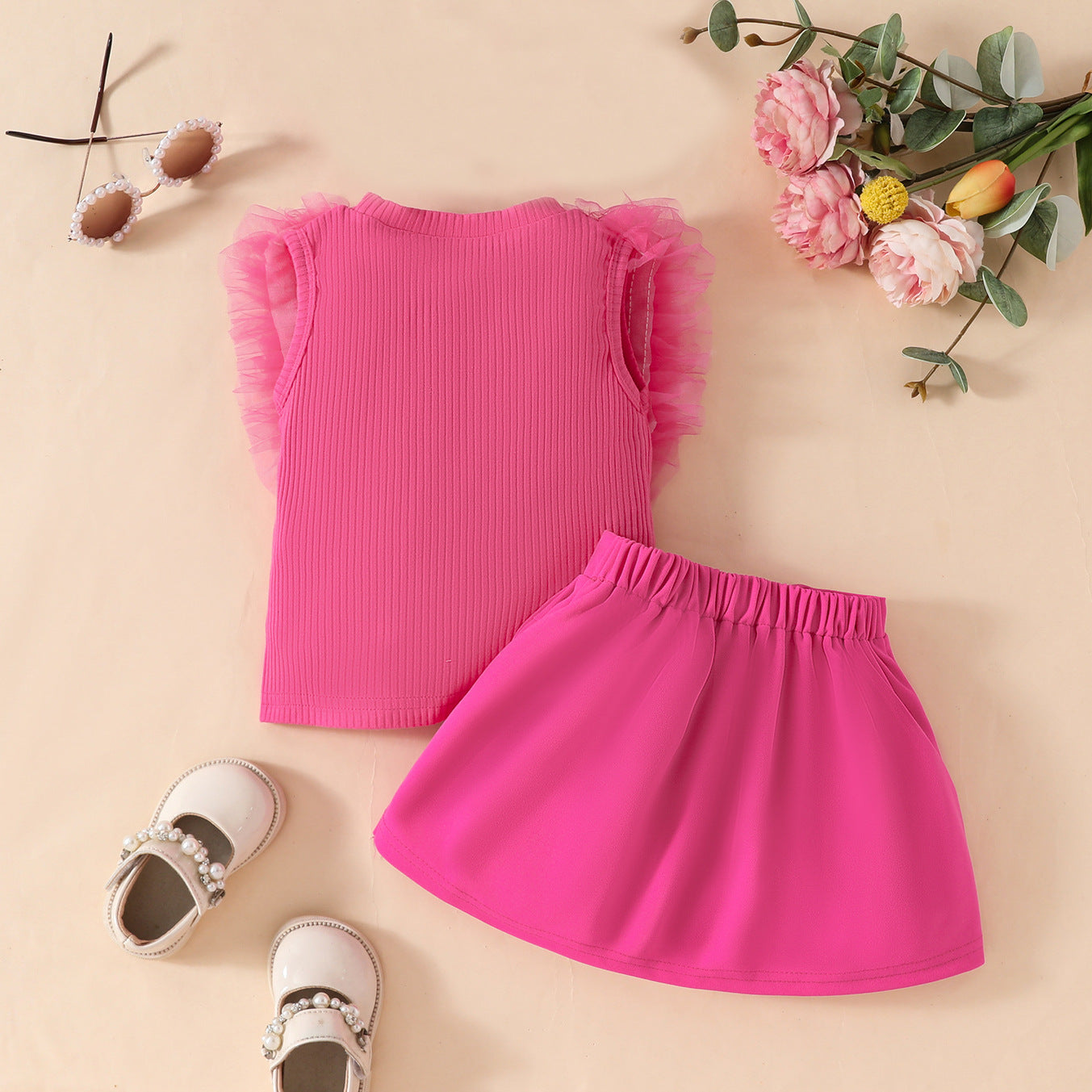 Girls baby sweet summer mesh striped sleeveless top solid color bow skirt suit