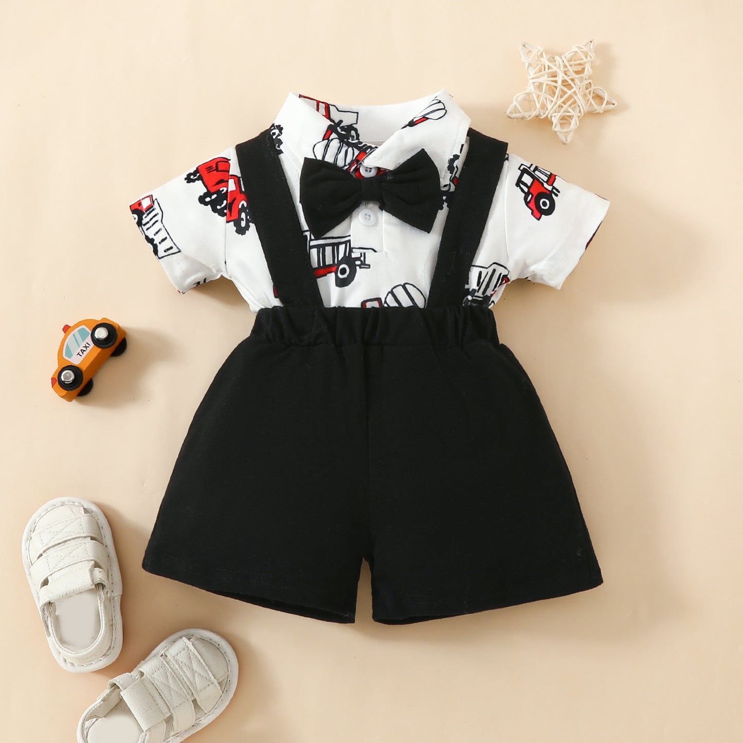 Fashion Short Sleeve Triangle Romper + Bib Shorts Set Baby Boy 0-1 Years Old Cartoon Animal Top Pants
