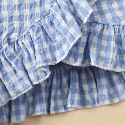 Baby Sleeveless Ruffle Plaid Top Bow Embroidered Skirt Suit Girls