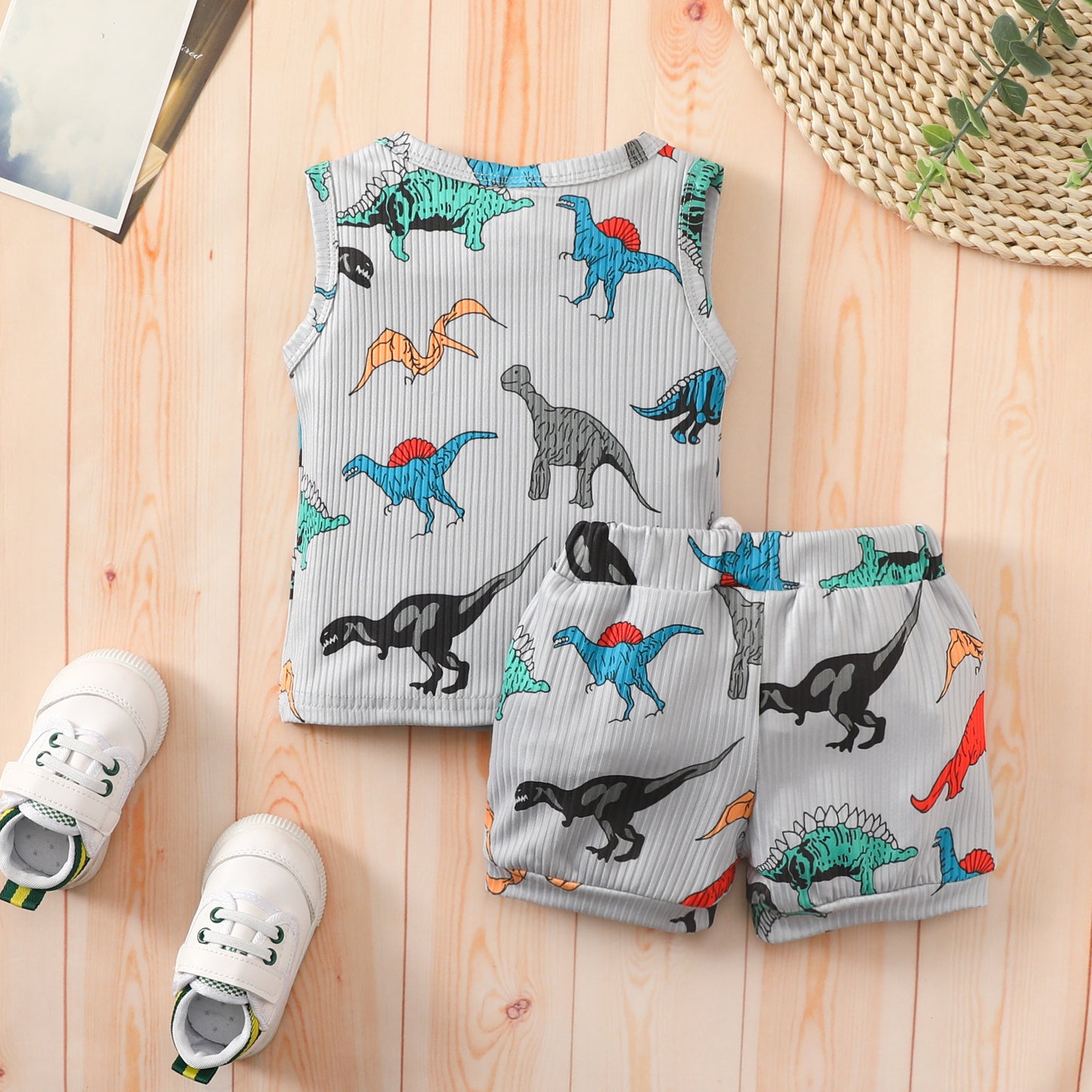 Baby vest shorts suit boy girl dinosaur striped sleeveless top shorts two-piece suit