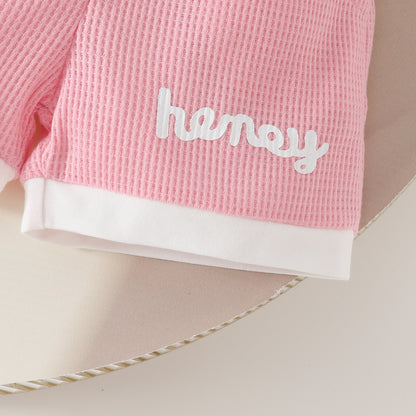 Toddler Girls Summer Waffle Towel Embroidered Flower Short Sleeve Top Pocket Decoration Shorts Two-piece Set