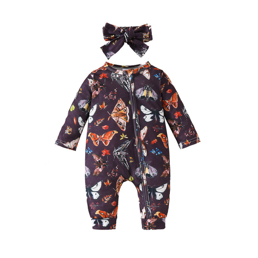 New baby zipper onesie full print long sleeve long leg crawler four seasons wear baby girl onesie headband