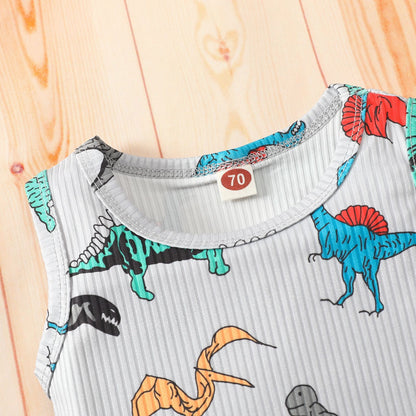 Baby vest shorts suit boy girl dinosaur striped sleeveless top shorts two-piece suit
