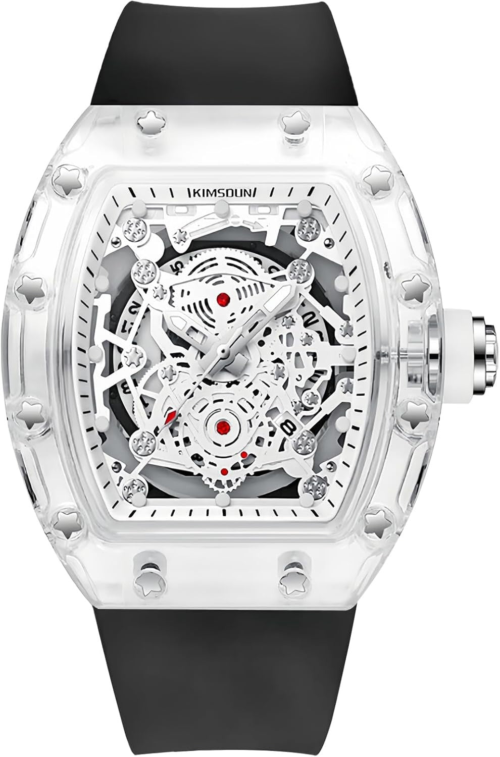 Fashion Hollowed Men Watches Tonneau Transparent Analog Display Silicone Strap Calendar Quartz Waterproof Trend Male Wrist Watch