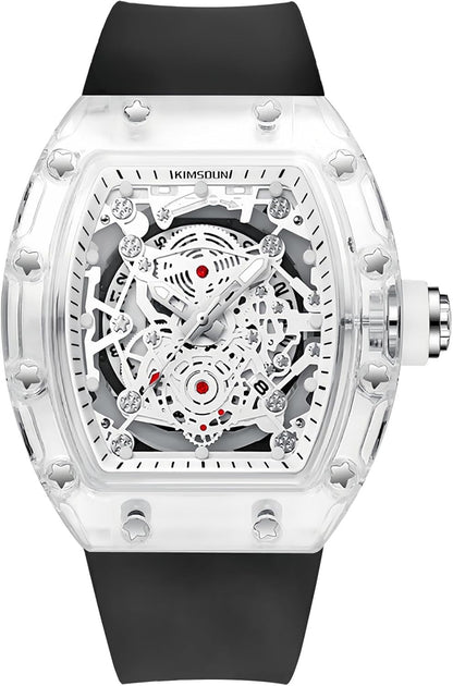 Fashion Hollowed Men Watches Tonneau Transparent Analog Display Silicone Strap Calendar Quartz Waterproof Trend Male Wrist Watch