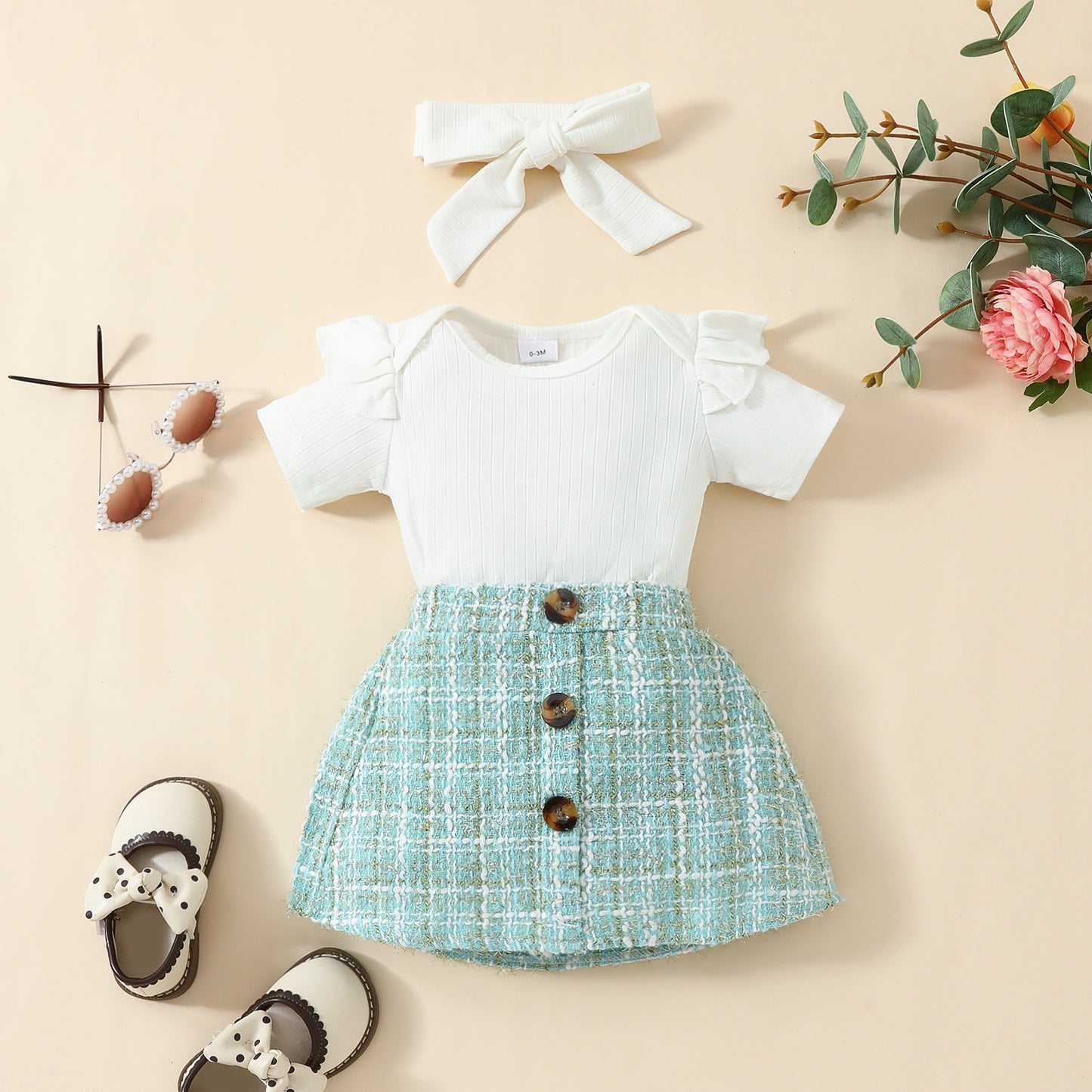 Fashion baby short-sleeved top skirt suit 0-1Y baby girl solid color triangle romper gold silk skirt
