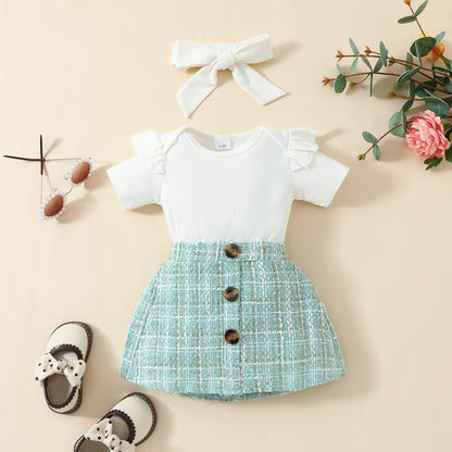 Fashion baby short-sleeved top skirt suit 0-1Y baby girl solid color triangle romper gold silk skirt
