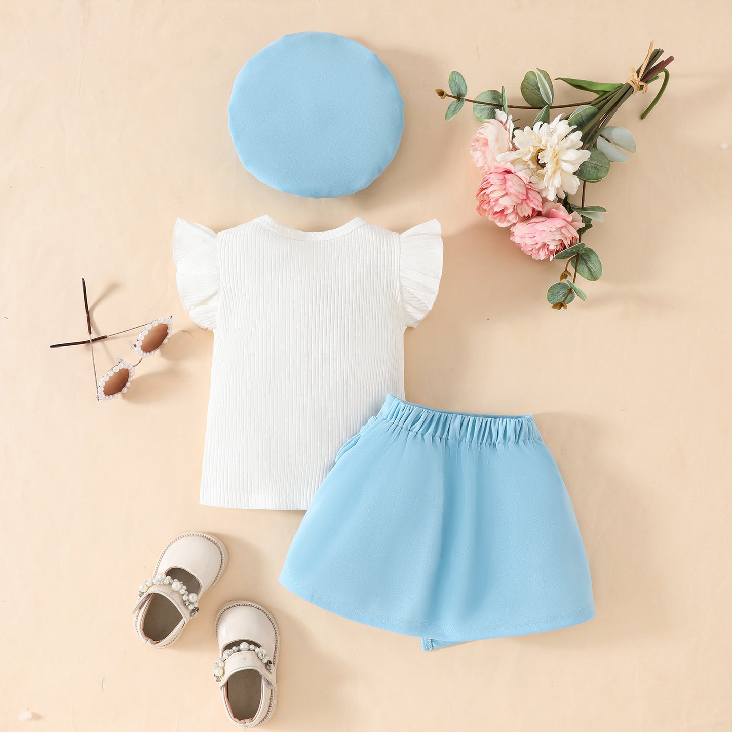 Summer Fashion Toddler Girls Big Bow Beret Sleeveless Top Tie Skirt Three-piece Set