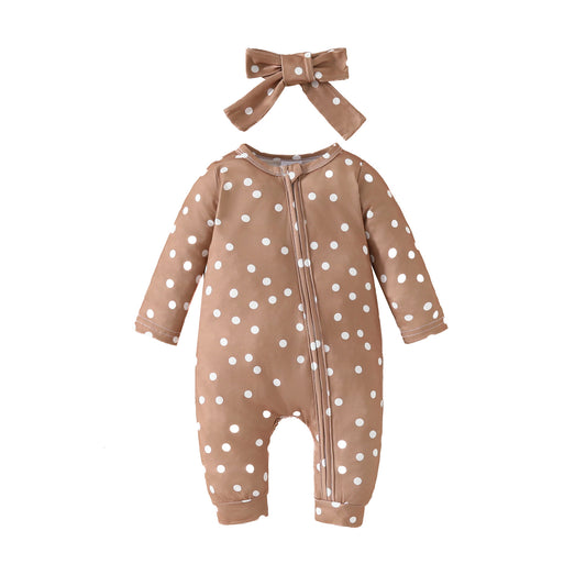 New baby zipper onesie full print long sleeve long leg crawler four seasons wear baby girl onesie headband