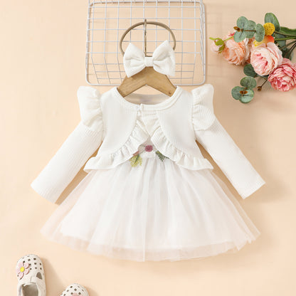 Sleeveless Ruffle Short Jacket + Long Sleeve Mesh Applique Dress Toddler Girls Dress Set