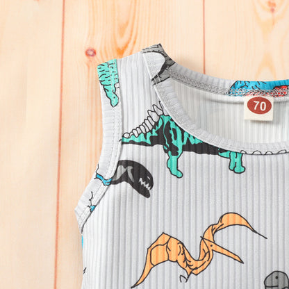 Baby vest shorts suit boy girl dinosaur striped sleeveless top shorts two-piece suit