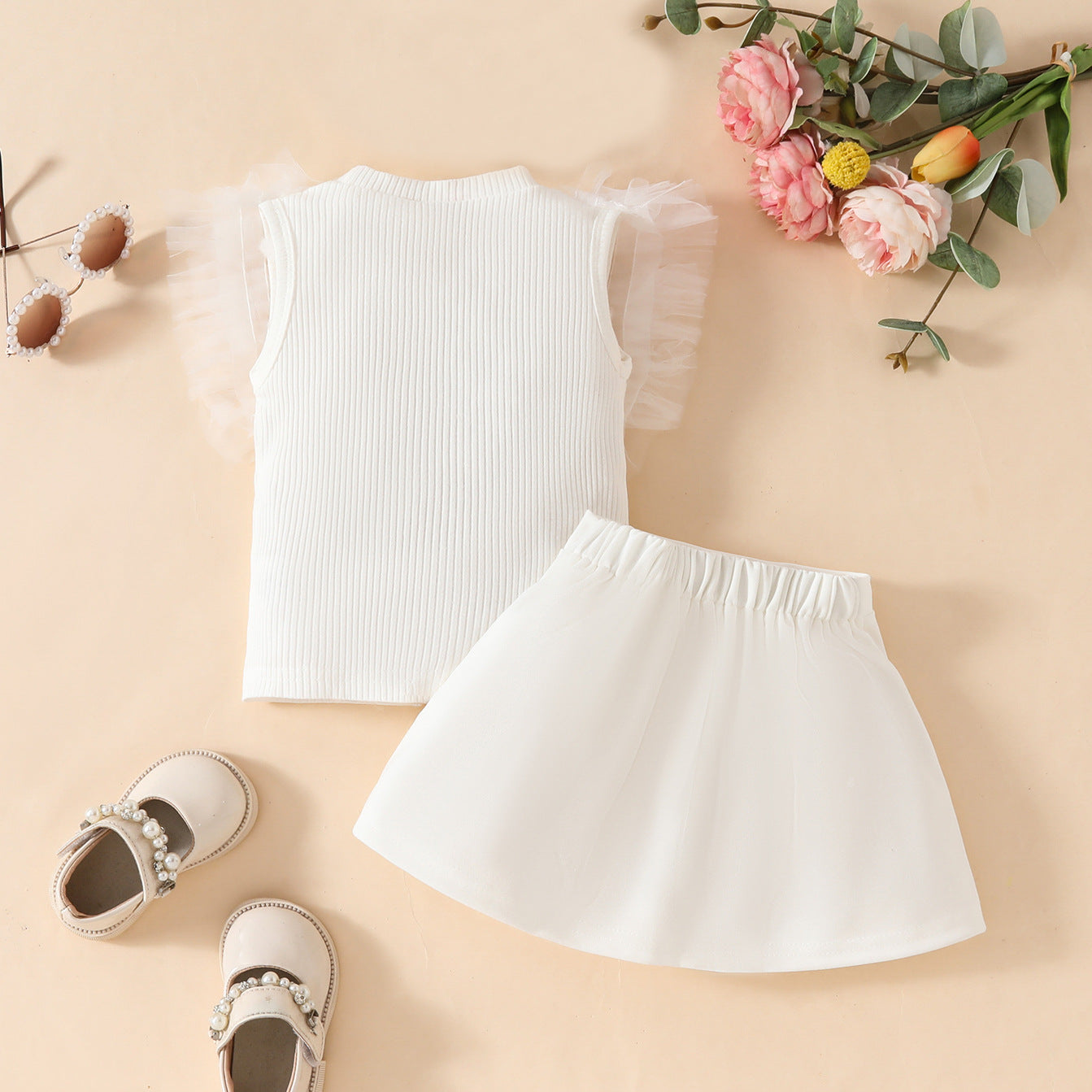 Girls baby sweet summer mesh striped sleeveless top solid color bow skirt suit