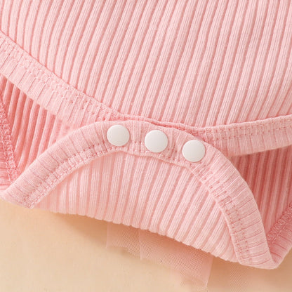 Sweet baby girl lantern short-sleeved ribbed triangle romper mesh skirt candy color girl flower dress