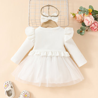 Sleeveless Ruffle Short Jacket + Long Sleeve Mesh Applique Dress Toddler Girls Dress Set